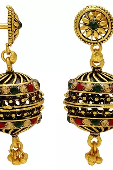Gold Plated Antique Finish Drum Dholki Shape Rondell, Designer Exclusive Ethnic Jhumki