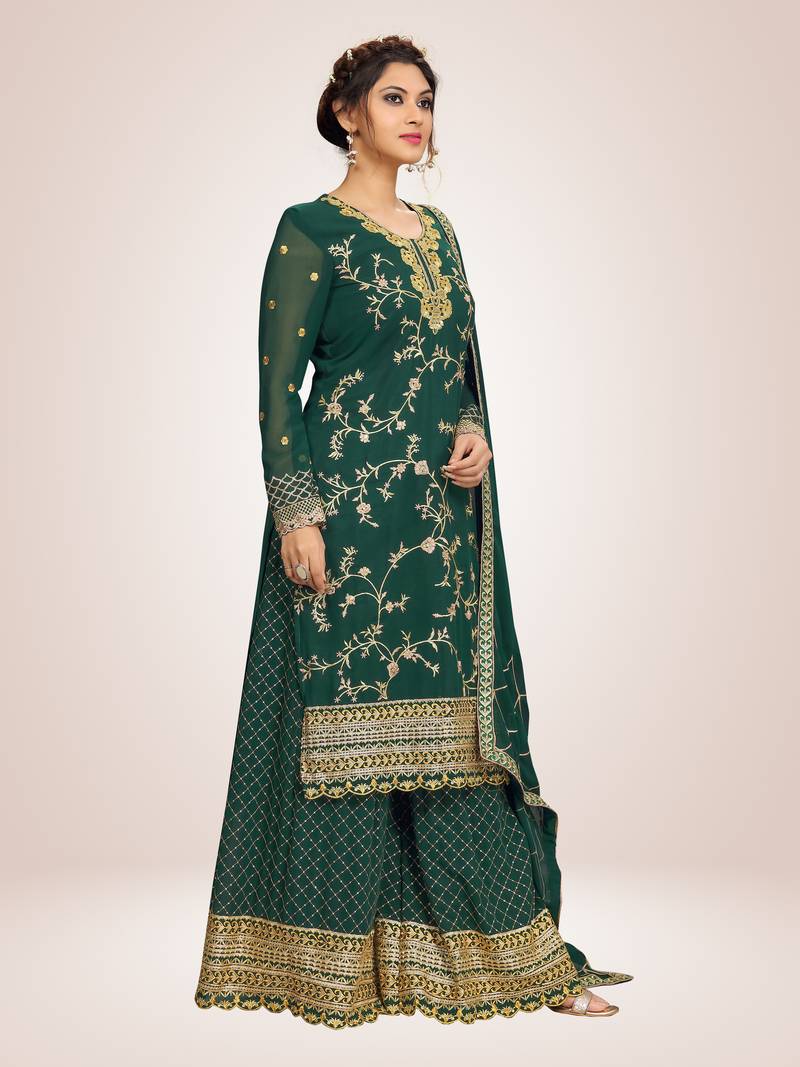 Completo Anarkali Ricamato Verde Scuro Per Donna - Georgette Con Dupatta - Taglia Unica - 2