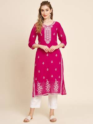 Floral yoke design Round neck Three-quarter, regular sleeves Straight shape with regular style kurti 1