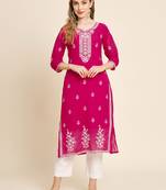 Floral yoke design Round neck Three-quarter, regular sleeves Straight shape with regular style kurti