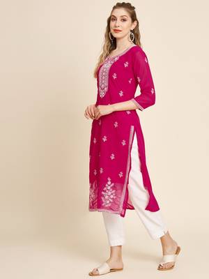 Floral yoke design Round neck Three-quarter, regular sleeves Straight shape with regular style kurti 2
