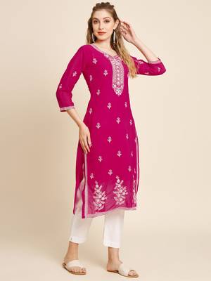 Floral yoke design Round neck Three-quarter, regular sleeves Straight shape with regular style kurti 4