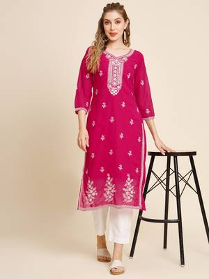 Floral yoke design Round neck Three-quarter, regular sleeves Straight shape with regular style kurti 5