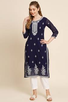 Floral yoke design Round neck Three-quarter, regular sleeves Straight shape with regular style kurti