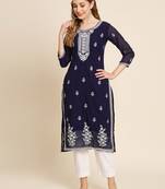 Floral yoke design Round neck Three-quarter, regular sleeves Straight shape with regular style kurti
