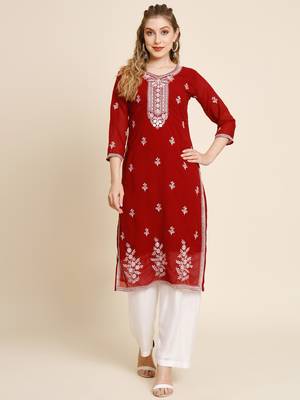 Floral yoke design Round neck Three-quarter, regular sleeves Straight shape with regular style kurti 1