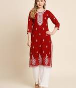 Floral yoke design Round neck Three-quarter, regular sleeves Straight shape with regular style kurti