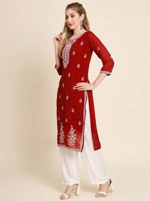 Floral yoke design Round neck Three-quarter, regular sleeves Straight shape with regular style kurti 2