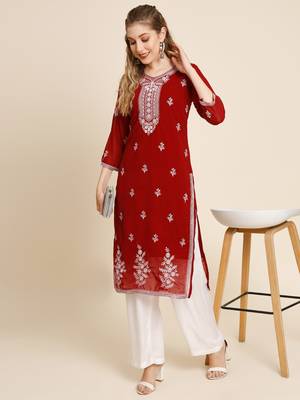Floral yoke design Round neck Three-quarter, regular sleeves Straight shape with regular style kurti 4
