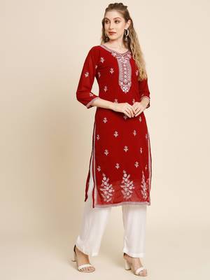 Floral yoke design Round neck Three-quarter, regular sleeves Straight shape with regular style kurti 5