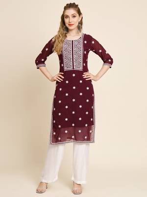 Floral embroidered Round neck Three-quarter sleeve A-line shape style Thread work detail Calf length with straight kurti 1