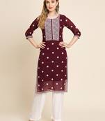 Floral embroidered Round neck Three-quarter sleeve A-line shape style Thread work detail Calf length with straight kurti