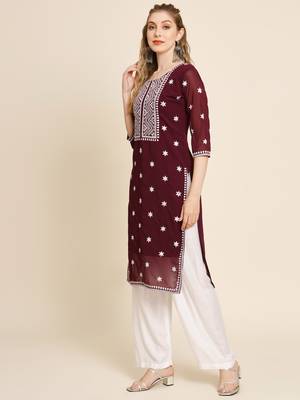 Floral embroidered Round neck Three-quarter sleeve A-line shape style Thread work detail Calf length with straight kurti 2