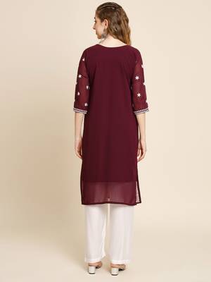 Floral embroidered Round neck Three-quarter sleeve A-line shape style Thread work detail Calf length with straight kurti 3