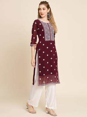 Floral embroidered Round neck Three-quarter sleeve A-line shape style Thread work detail Calf length with straight kurti 4