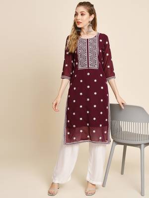Floral embroidered Round neck Three-quarter sleeve A-line shape style Thread work detail Calf length with straight kurti 5