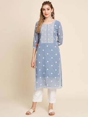 Floral embroidered Round neck Three-quarter sleeve A-line shape style Thread work detail Calf length with straight kurti 1