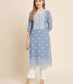 Floral embroidered Round neck Three-quarter sleeve A-line shape style Thread work detail Calf length with straight kurti
