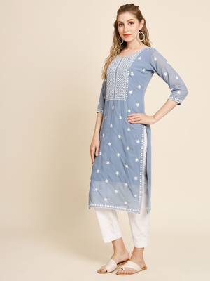 Floral embroidered Round neck Three-quarter sleeve A-line shape style Thread work detail Calf length with straight kurti 2