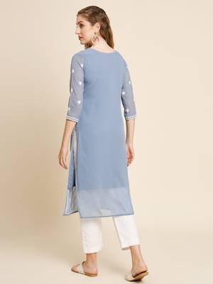 Floral embroidered Round neck Three-quarter sleeve A-line shape style Thread work detail Calf length with straight kurti 3