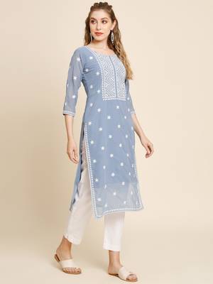 Floral embroidered Round neck Three-quarter sleeve A-line shape style Thread work detail Calf length with straight kurti 4