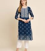 Floral embroidered Round neck Three-quarter sleeve A-line shape style Thread work detail Calf length with straight kurti