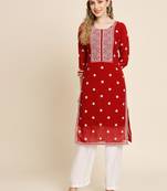 Floral embroidered Round neck Three-quarter sleeve A-line shape style Thread work detail Calf length with straight kurti