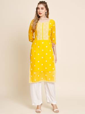 Floral embroidered Round neck Three-quarter sleeve A-line shape style Thread work detail Calf length with straight kurti 1