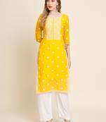 Floral embroidered Round neck Three-quarter sleeve A-line shape style Thread work detail Calf length with straight kurti