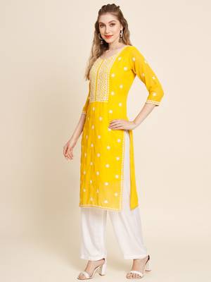 Floral embroidered Round neck Three-quarter sleeve A-line shape style Thread work detail Calf length with straight kurti 2