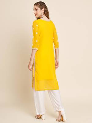 Floral embroidered Round neck Three-quarter sleeve A-line shape style Thread work detail Calf length with straight kurti 3