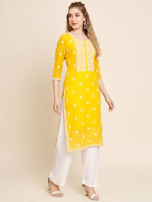 Floral embroidered Round neck Three-quarter sleeve A-line shape style Thread work detail Calf length with straight kurti 4