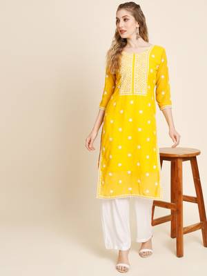 Floral embroidered Round neck Three-quarter sleeve A-line shape style Thread work detail Calf length with straight kurti 5