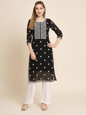 Floral embroidered Round neck Three-quarter sleeve A-line shape style Thread work detail Calf length with straight kurti 1