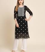 Floral embroidered Round neck Three-quarter sleeve A-line shape style Thread work detail Calf length with straight kurti