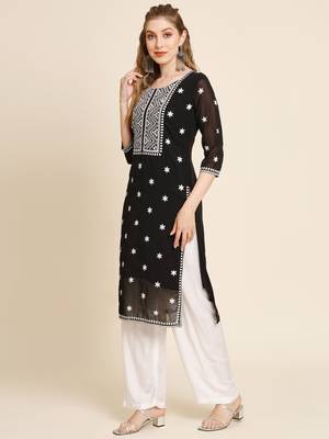 Floral embroidered Round neck Three-quarter sleeve A-line shape style Thread work detail Calf length with straight kurti 2