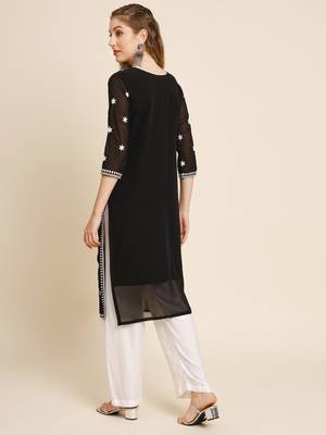 Floral embroidered Round neck Three-quarter sleeve A-line shape style Thread work detail Calf length with straight kurti 3