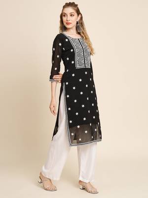 Floral embroidered Round neck Three-quarter sleeve A-line shape style Thread work detail Calf length with straight kurti 4