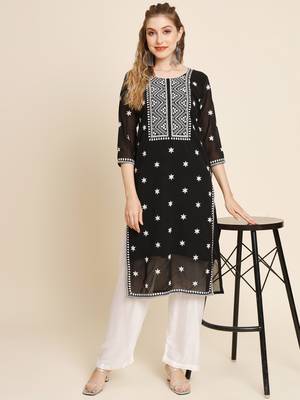Floral embroidered Round neck Three-quarter sleeve A-line shape style Thread work detail Calf length with straight kurti 5