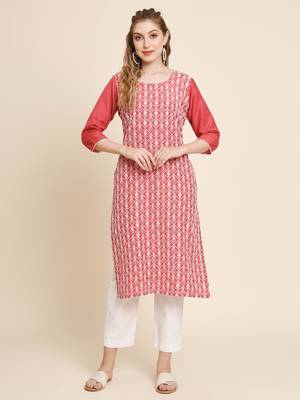 Ethnic motifs embroidered Round neck Three-quarter, regular sleeves Straight shape style Sequinned detail Knee length 1