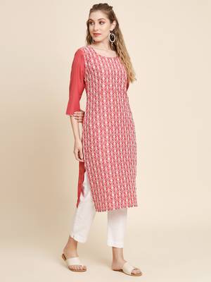 Ethnic motifs embroidered Round neck Three-quarter, regular sleeves Straight shape style Sequinned detail Knee length 5