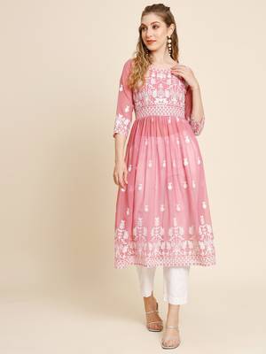 Ethnic motifs embroidered Round neck Three-quarter, regular sleeves Anarkali shape with pleated styleThread work 1