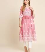 Ethnic motifs embroidered Round neck Three-quarter, regular sleeves Anarkali shape with pleated styleThread work
