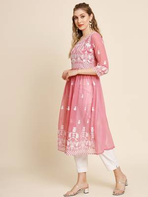 Ethnic motifs embroidered Round neck Three-quarter, regular sleeves Anarkali shape with pleated styleThread work 2