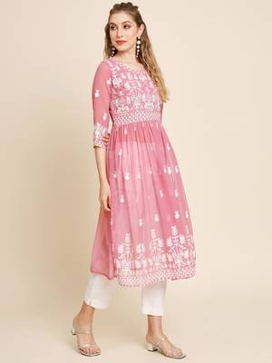 Ethnic motifs embroidered Round neck Three-quarter, regular sleeves Anarkali shape with pleated styleThread work 4