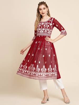 Ethnic motifs embroidered Round neck Three-quarter, regular sleeves Anarkali shape with pleated styleThread work 1