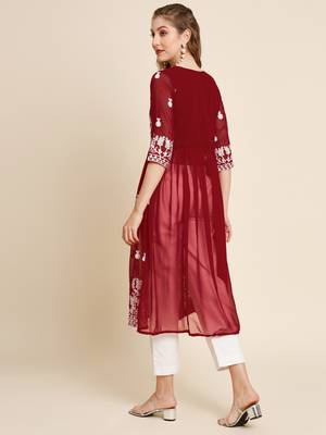 Ethnic motifs embroidered Round neck Three-quarter, regular sleeves Anarkali shape with pleated styleThread work 3
