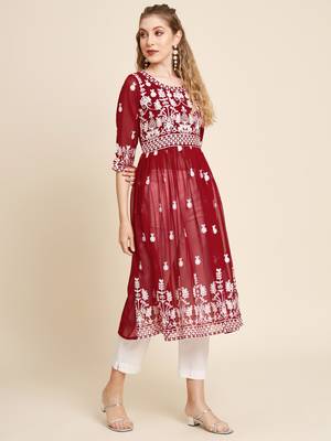 Ethnic motifs embroidered Round neck Three-quarter, regular sleeves Anarkali shape with pleated styleThread work 4