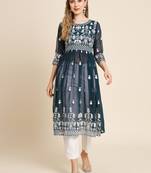 Ethnic motifs embroidered Round neck Three-quarter, regular sleeves Anarkali shape with pleated styleThread work