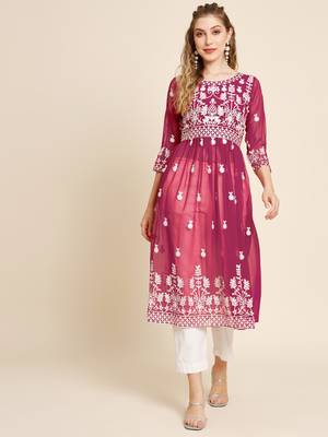 Ethnic motifs embroidered Round neck Three-quarter, regular sleeves Anarkali shape with pleated styleThread work 1